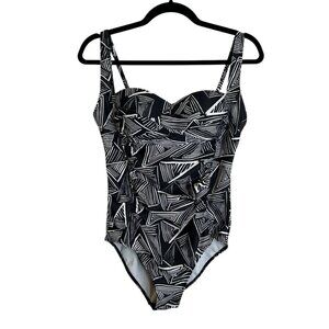 Liquid Black & White Rouched One Piece Bathing Suit Swimsuit Sz S Adjustable